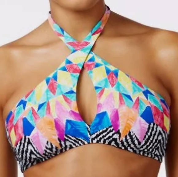 Bar III Medium Halter Black Geometric Feathered Daze Bikini Swimsuit NWT - Picture 7 of 9